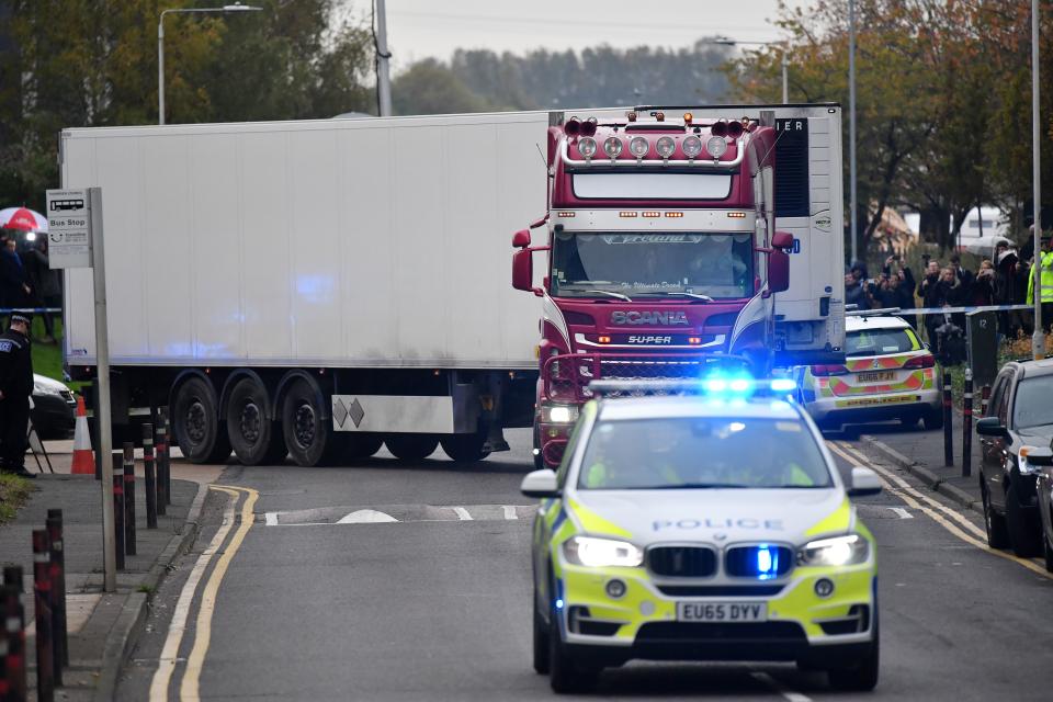 The lorry in which the bodies of 39 people were discovered at Waterglade Industrial Park in Grays, Essex (Picture: AFP/Getty)