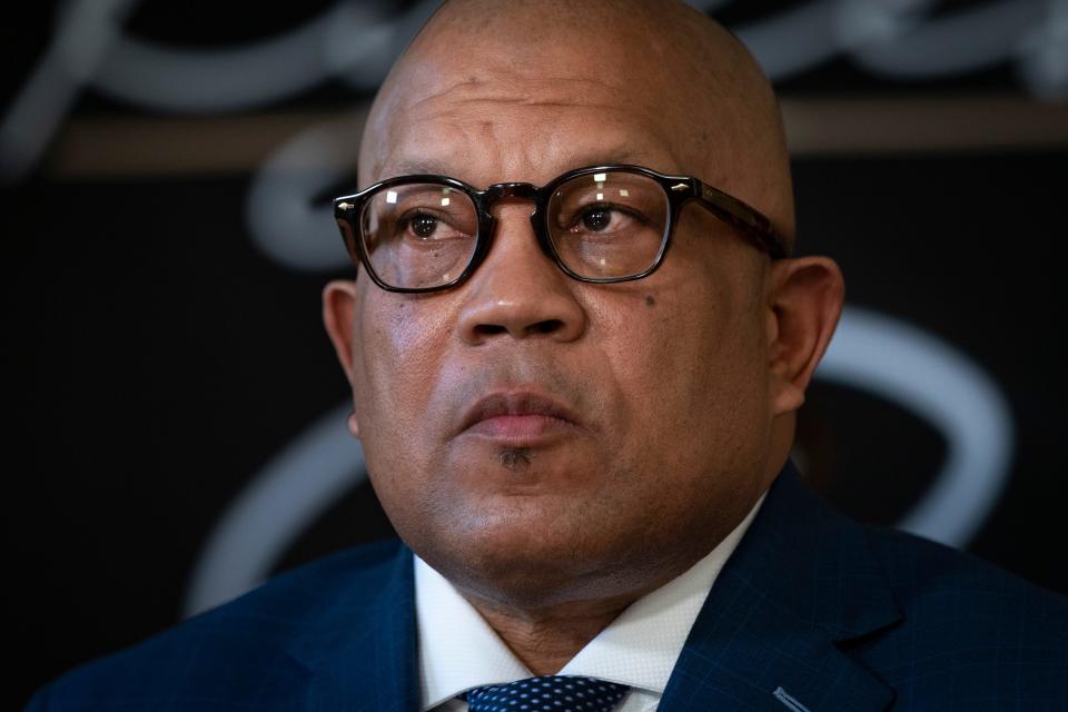 Attorney Richard Ryles of the Democratic Black Caucus of Palm Beach County speaks during a press conference About Protecting the Black Vote at the Ryles Firm law office on October 15, 2020 in West Palm Beach, Florida. (GREG LOVETT / The Palm Beach Post)