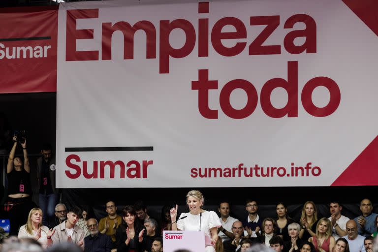 La vicepresidenta segunda, Yolanda Díaz, durante el acto electoral en Madrid. (Carlos Luján - Europa Press)