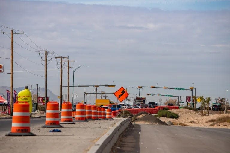 Several lanes of Pellicano Drive east of Loop 375 remain closed as construction stalls, Dec. 20, 2023.