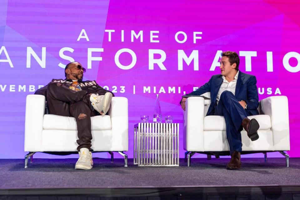 American record producer Timbaland speaks to Freddie Moross, founder of Myndstream, during a keynote conversation for the 2023 Global Wellness Summit at Hyatt Regency Miami in Miami, Florida, on Tuesday, November 7, 2023.