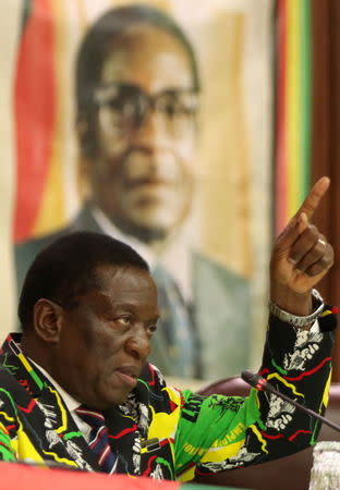 Vice President Emmerson Mnangagwa addresses a ZANU PF Central Commitee meeting in Harare, Zimbabwe, April 7, 2017. Picture taken April 7, 2017. REUTERS/Philimon Bulawayo