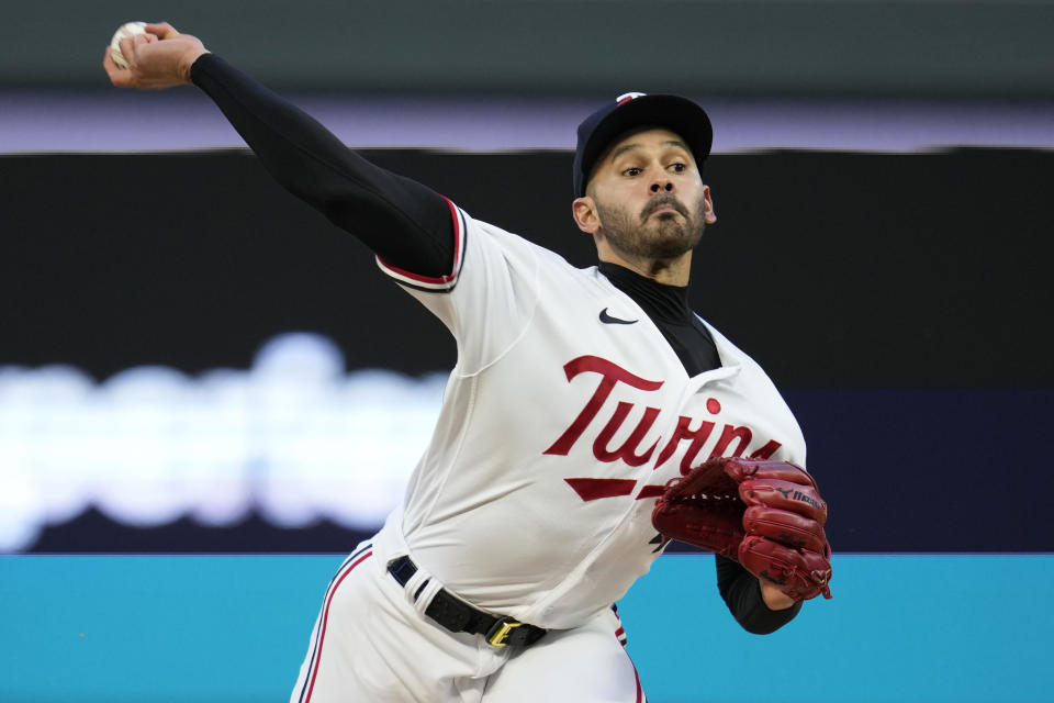 Minnesota Twins starting pitcher Pablo Lopez delivers during the first inning of a baseball game against the Oakland Athletics, Wednesday, Sept. 27, 2023, in Minneapolis. (AP Photo/Abbie Parr)