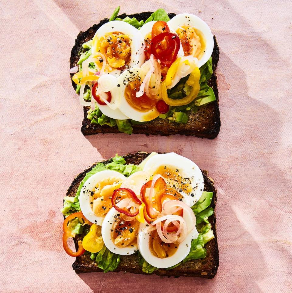 avo toast with eggs and quick pickled peppers