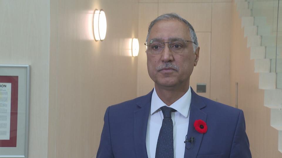 Edmonton Mayor Amarjeet Sohi speaks to media at city hall on Nov. 7, 2023.