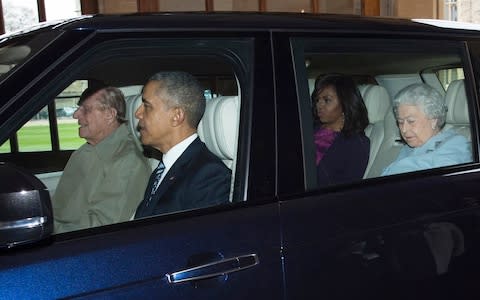 The Duke of Edinburgh drives the Queen and Barack and Michelle Obama during their visit to Windsor - Credit: Geoff Pugh