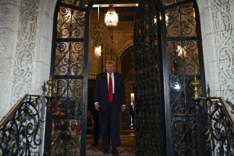 Republican presidential candidate former President Donald Trump arrives to speak at his Mar-a-Lago estate, Friday, Feb. 16, 2024, in Palm Beach, Fla. (AP Photo/Rebecca Blackwell)