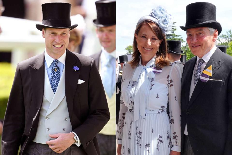 <p>Samir Hussein/WireImage; Jonathan Brady/PA Images via Getty</p> Prince William and Carole and Michael Middleton at Royal Ascot on June 19. 2024