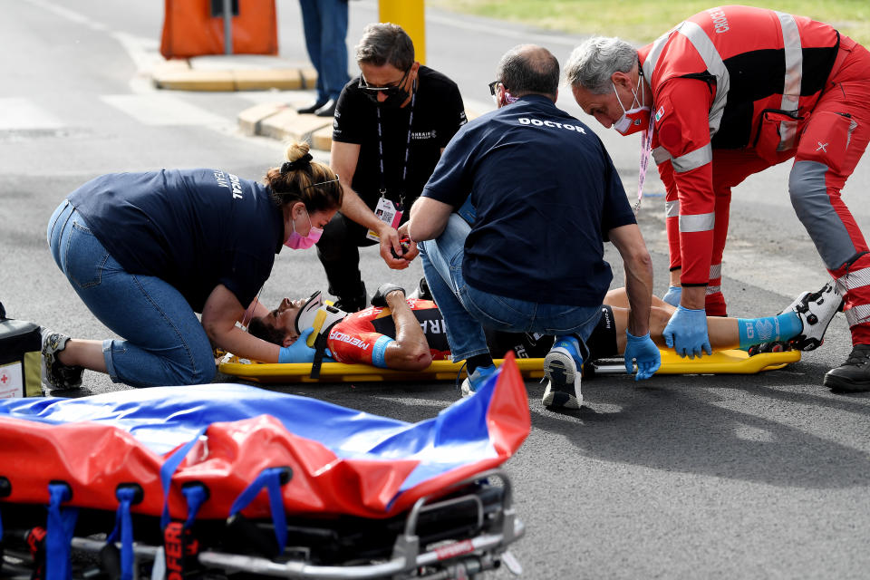 CATTOLICA, ITALY - MAY 12: Mikel Landa Meana of Spain and Team Bahrain Victorious are involved in an accident and is assisted by the medical team during the 104th Giro d'Italia 2021, Stage 5 a 177km stage from Modena to Cattolica / Crash / Injury / Abandon / @girodiitalia / #Giro / on May 12, 2021 in Cattolica, Italy. (Photo by Tim de Waele/Getty Images)