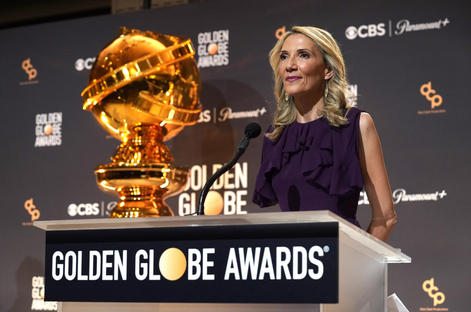 Helen Hoehne, presidenta de Golden Globes LLC., en el anuncio de nominaciones a la 81a entrega de los Globos de Oro en el Hotel Beverly Hilton el lunes 11 de diciembre de 2023, en Beverly Hills, California. La 81a entrega de los Globos de Oro se realizará el 7 de enero de 2024. (Foto AP/Chris Pizzello)