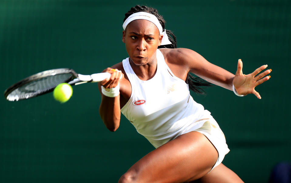 Cori Gauff in action against Venus Williams on day one of the Wimbledon Championships at the All England Lawn Tennis and Croquet Club, Wimbledon.