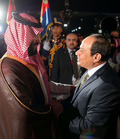 Saudi Arabia's Crown Prince Mohammed bin Salman is welcomed by Egyptian President Abdel Fattah al-Sisi in Cairo, Egypt November 26, 2018. Bandar Algaloud/Courtesy of Saudi Royal Court/Handout via REUTERS