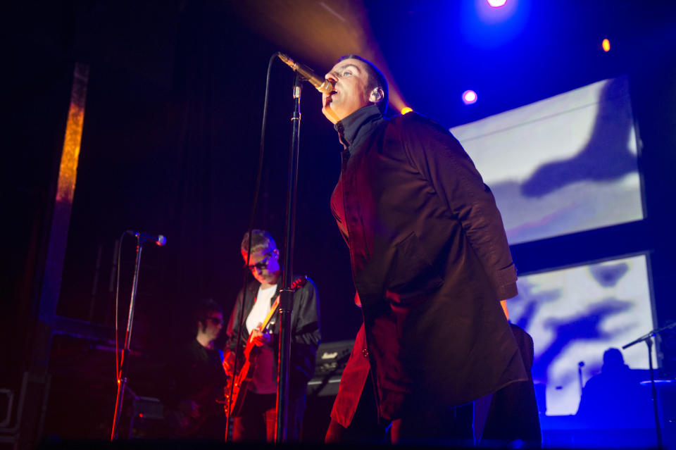 Andy Bell and Liam Gallagher of Beady Eye perform on stage at Razzmatazz on February 13, 2014 in Barcelona, Spain. (Photo by Jordi Vidal/Redferns via Getty Images)