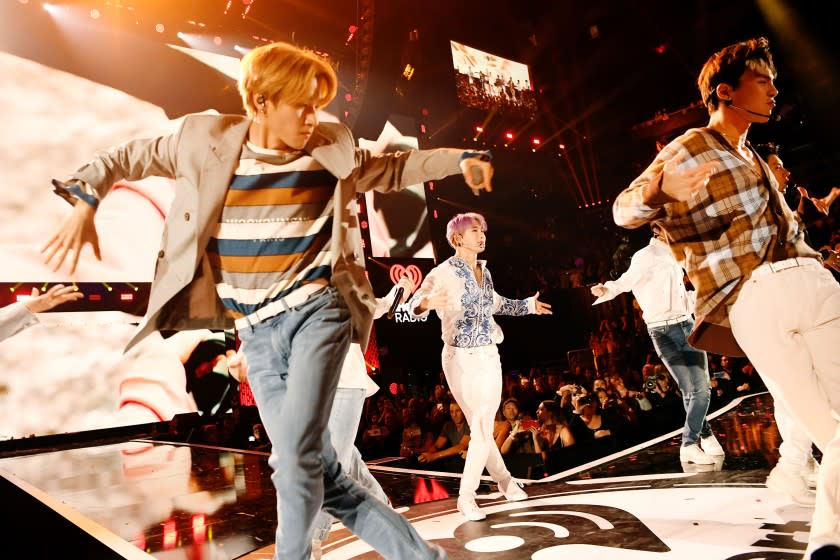 LAS VEGAS, NEVADA - SEPTEMBER 20: (EDITORIAL USE ONLY) Minhyuk, Kihyun, and Shownu of Monsta X perform onstage during the 2019 iHeartRadio Music Festival at T-Mobile Arena on September 20, 2019 in Las Vegas, Nevada. (Photo by Denise Truscello/Getty Images for iHeartMedia)