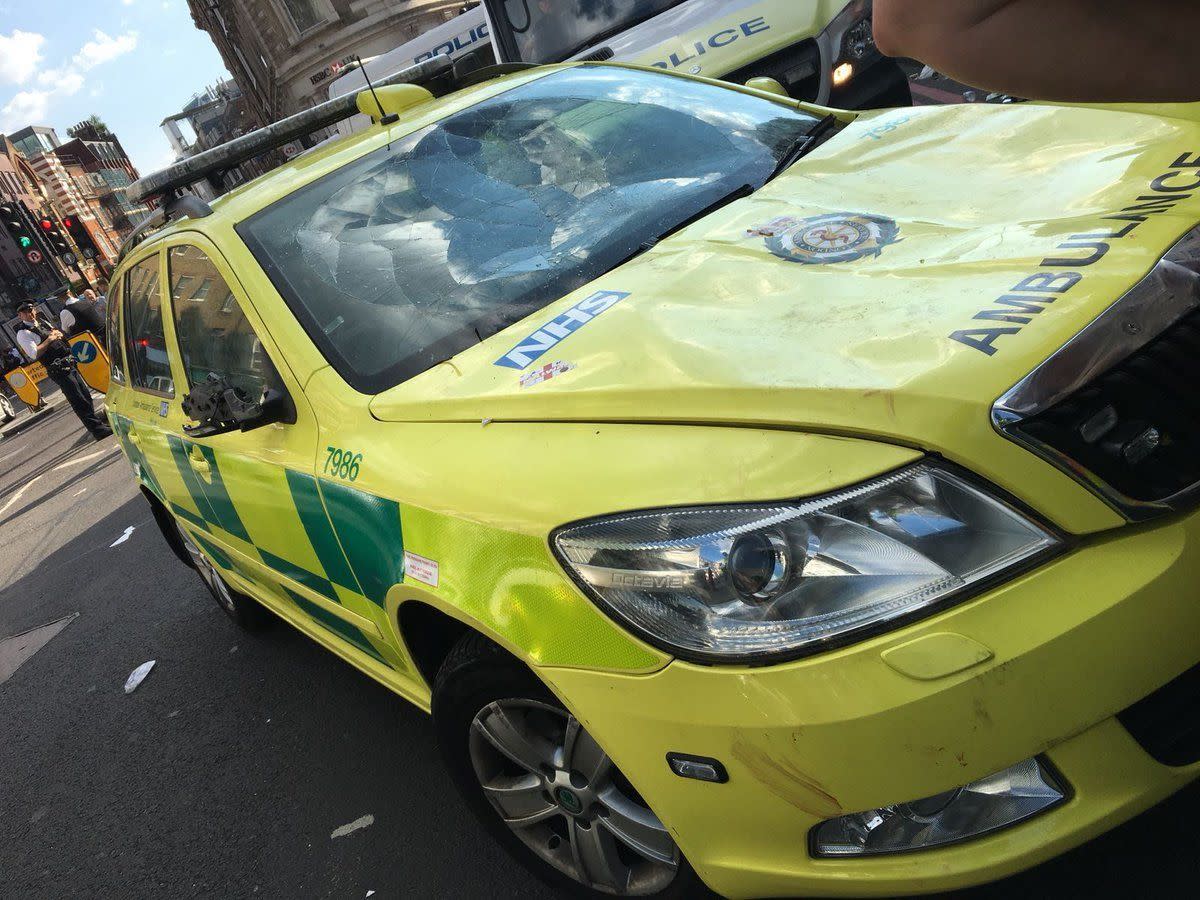 <em>A London Ambulance Service car was left damage by vandals following England’s World Cup win against Sweden (Picture: PA)</em>