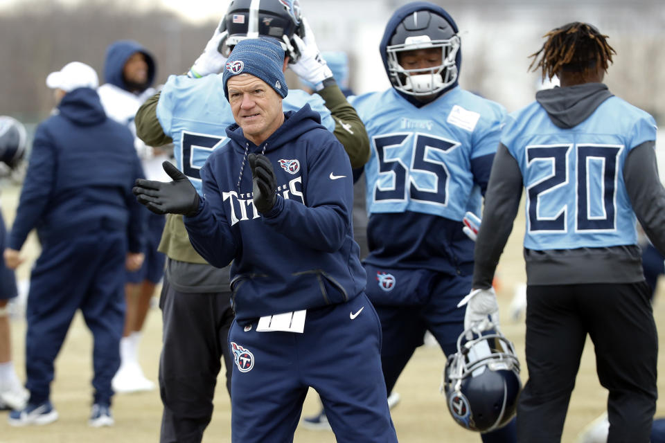 Tennessee Titans secondary coach Kerry Coombs cheers on his players during an NFL football practice Friday, Jan. 17, 2020, in Nashville, Tenn. The Titans are scheduled to face the Kansas City Chiefs in the AFC Championship game Sunday. (AP Photo/Mark Humphrey)