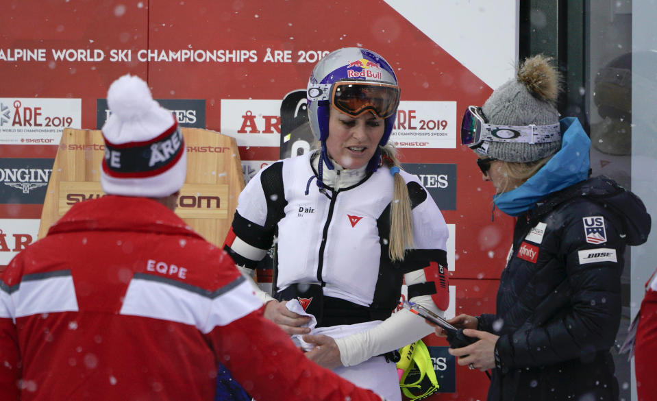 In this photo taken on Feb. 8, 2019, Lindsey Vonn wears an airbag in Are. Lindsey Vonn has been getting plenty of use out of an air bag safety device that she wears under her racing suit. Developed by Italian manufacturer Dainese, the D-air Ski system fits into a vest around Vonn’s upper body and is programmed to inflate during crashes. (AP Photo/Giovanni Auletta)