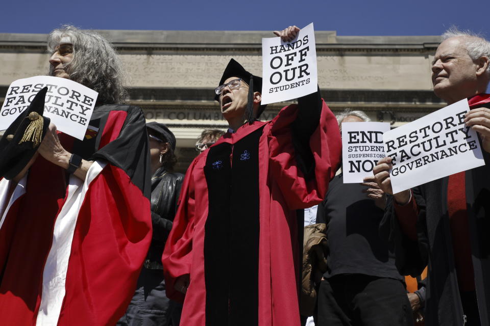 Columbia University professors rally in solidarity with their students rights to protest free from arrest at the Columbia University campus in New York on Monday April 22, 2024. (AP Photo/Stefan Jeremiah)