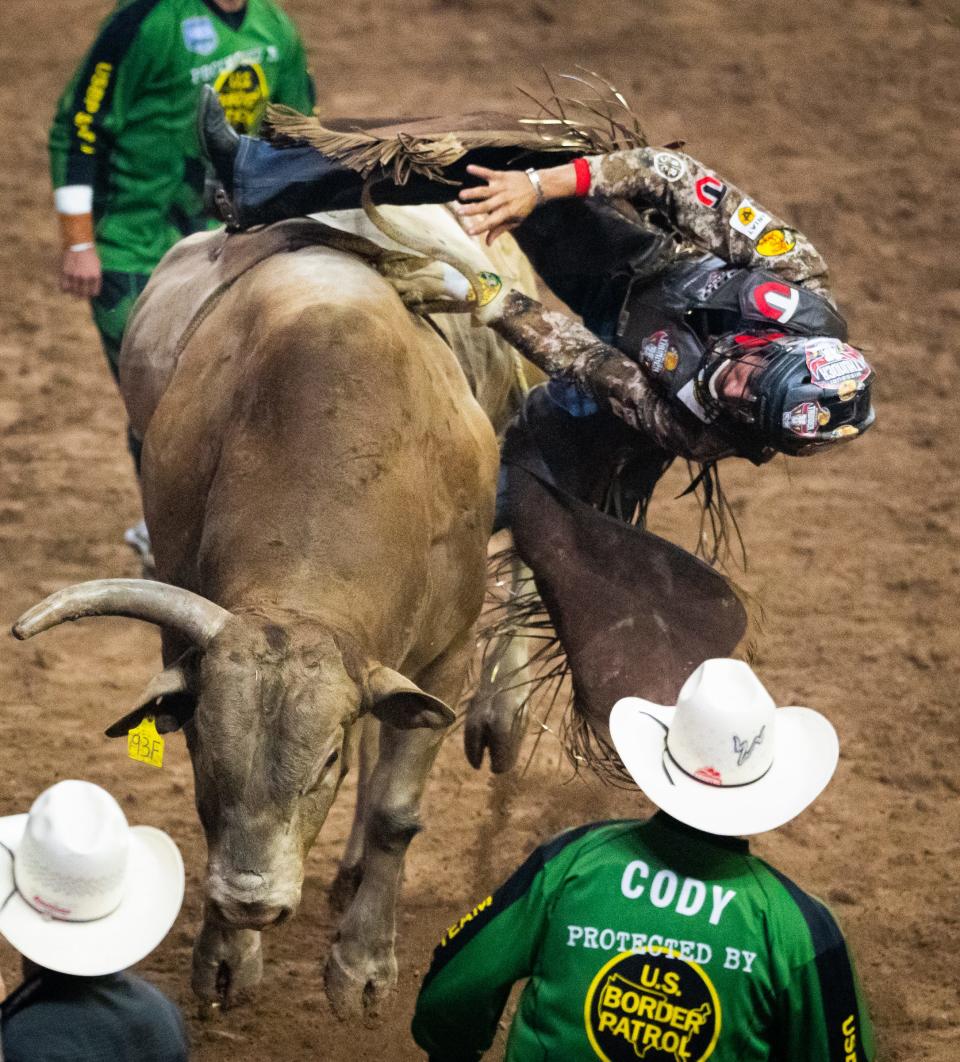 Manoelito de Souza Junior rides bull The Show for the Missouri Thunder in their game against the Oklahoma Freedom on the second day of competition at Gambler Days at the Moody Center, Saturday, Aug. 26, 2023 in Austin. Oklahoma won the game.