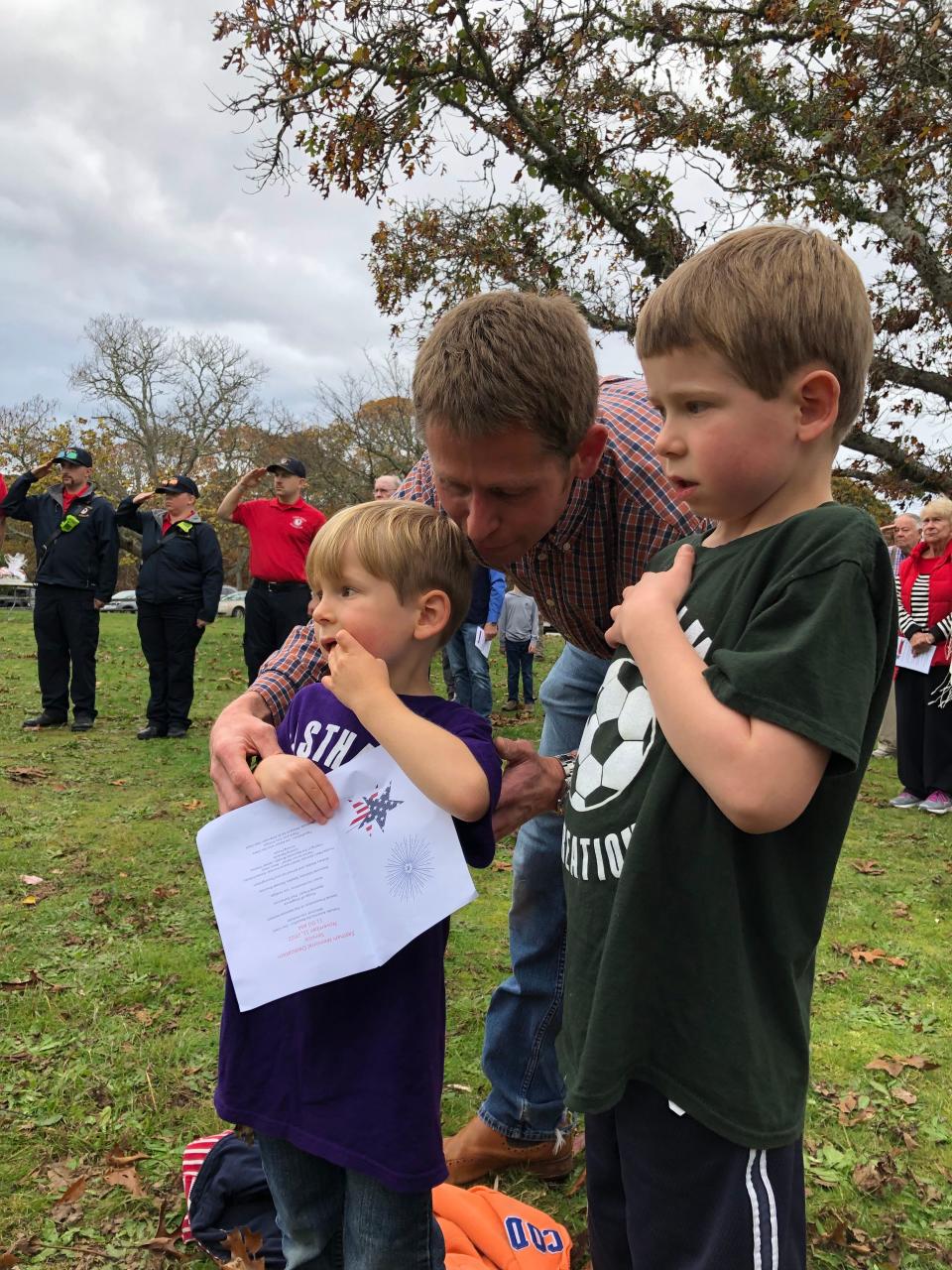 Eastham resident Ben Greene attended the Veterans Day ceremony in Eastham with his sons Dawson and Caleb.
(Photo: Denise Coffey/Cape Cod Times)