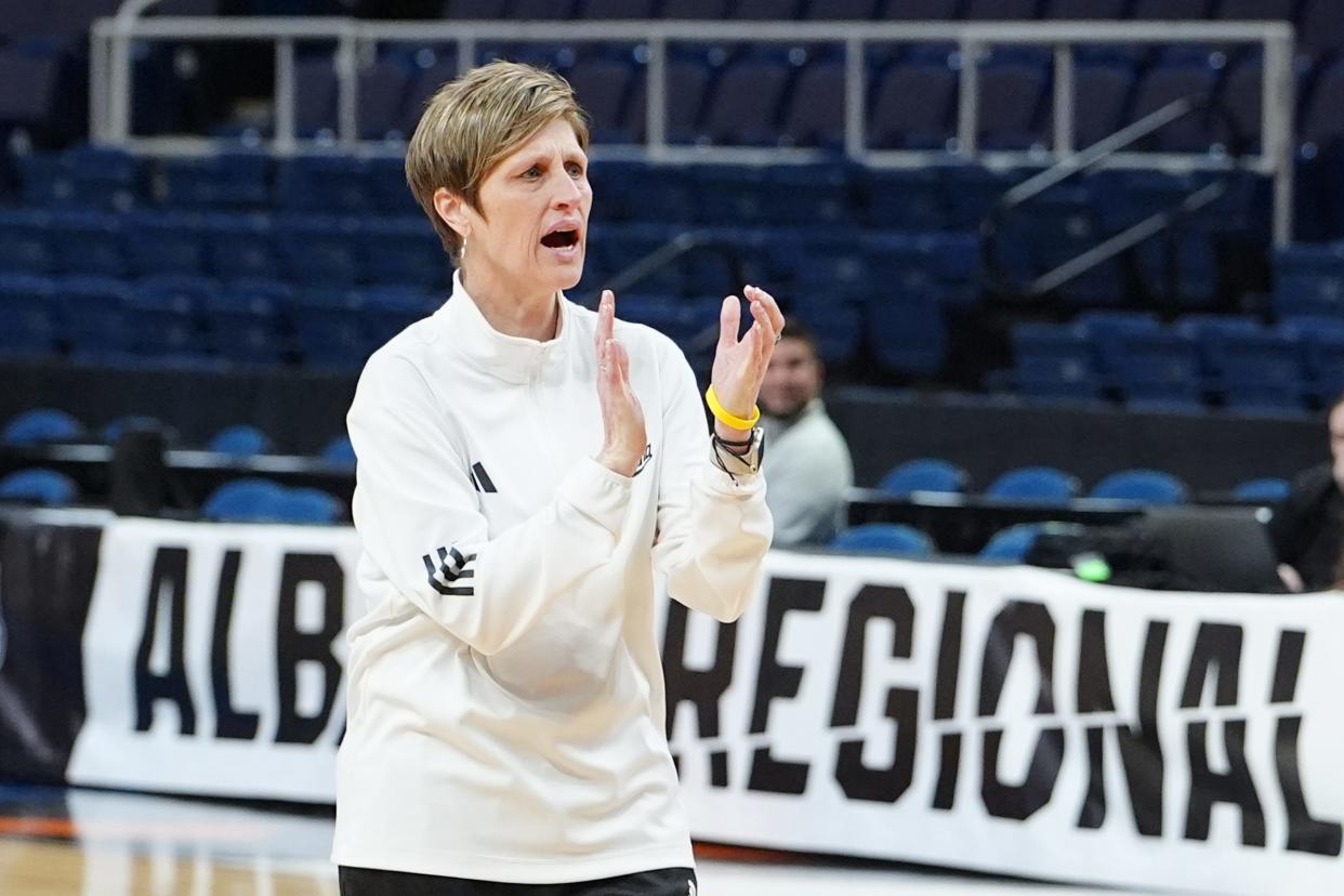 Mar 28, 2024; Albany, NY, USA; Indiana Hoosiers head coach Teri Moren claps for her players during practice prior to their NCAA Tournament Sweet 16 game at MVP Arena. Mandatory Credit: Gregory Fisher-USA TODAY Sports