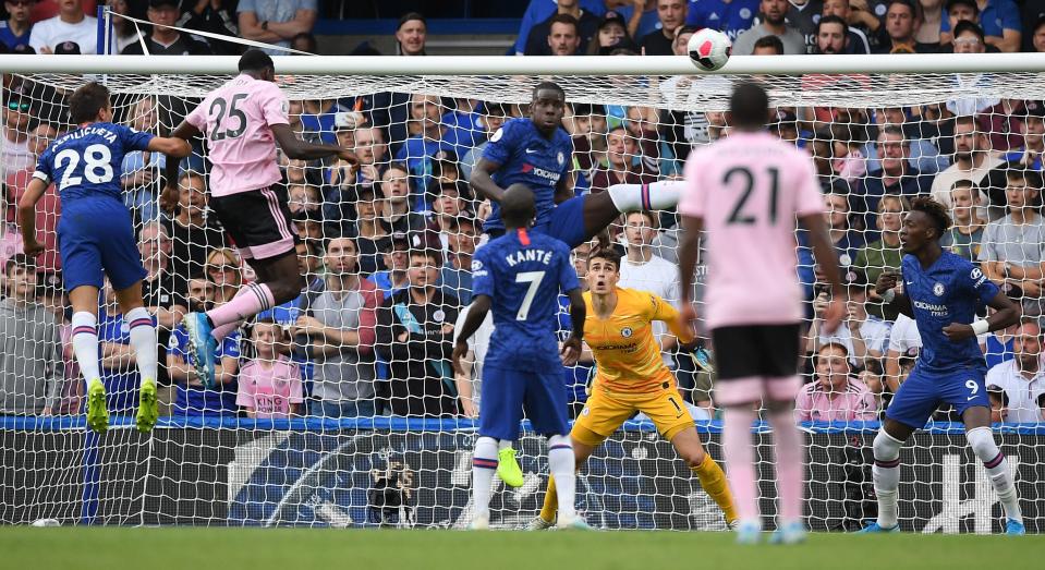 Wilfred Ndidi's brilliant header draw Leicester level (Photo credit should read DANIEL LEAL-OLIVAS/AFP/Getty Images)