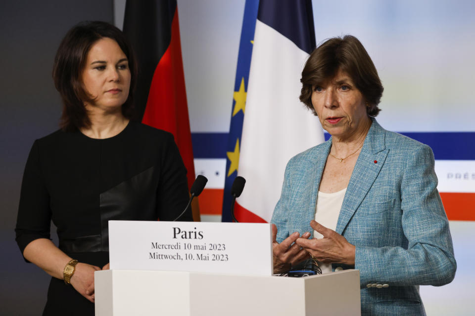 French Foreign Minister Catherine Colonna, right, and Germany's Foreign Minister, Annalena Baerbock attend a press conference after the weekly cabinet meeting at the Elysee Palace in Paris, Wednesday May 10, 2023. With China's top diplomat touring Europe this week, Annalena Baerbock and Catherine Colonna called on China to use its global clout to push for peace in Ukraine. (Ludovic Marin, Pool via AP)