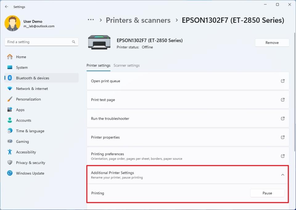 Settings printer pause job option