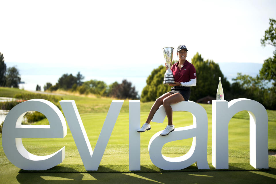France's Celine Boutier poses with her trophy after winning the Evian Championship women's golf tournament in Evian, eastern France, Sunday, July 30, 2023. (AP Photo/Lewis Joly)