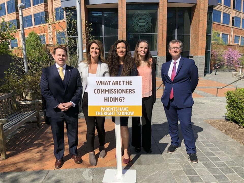 Standing outside the Bucks County Justice Center in Doylestown Thursday following their press conference are (from left) state Sen. Jarrett Coleman, R-16, Jamie Cohen Walker, Megan Brock, and attorneys Meredith DiLiberto and J. Chadwick Schnee.