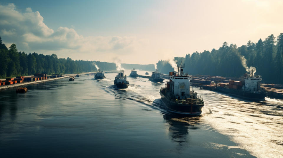 A line of coal-filled barges with a tugboat escorting them down a river, towards a distant port.