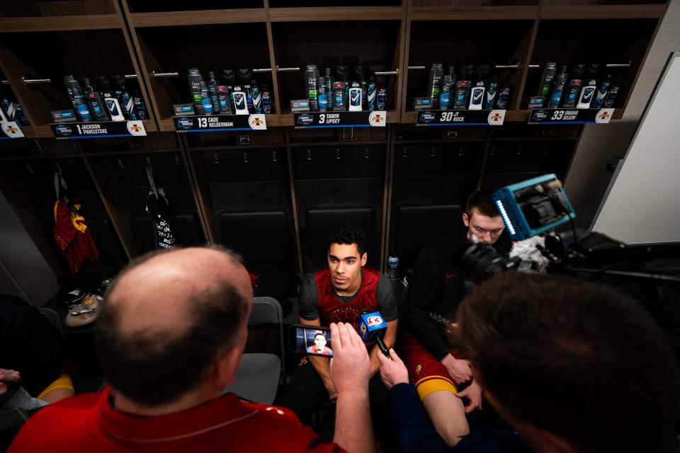 Iowa State guard Tamin Lipsey answers questions from members of the media before practice March 27 in Boston.  Lipsey has been a cornerstone of the culture Otzelberger has built with the Cyclones.