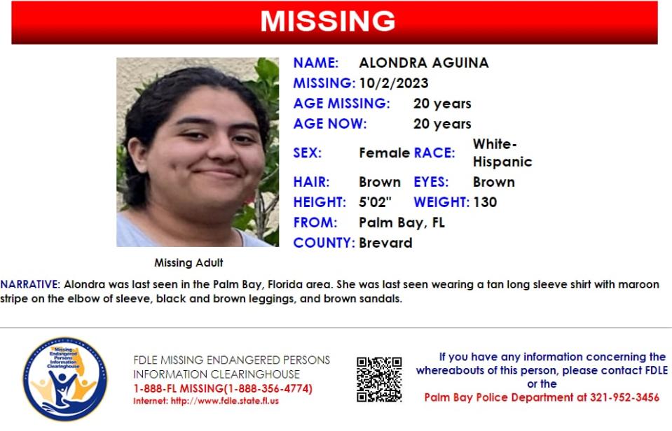 Alondra Aguina was last seen in the Palm Bay area on Oct. 2, 2023.