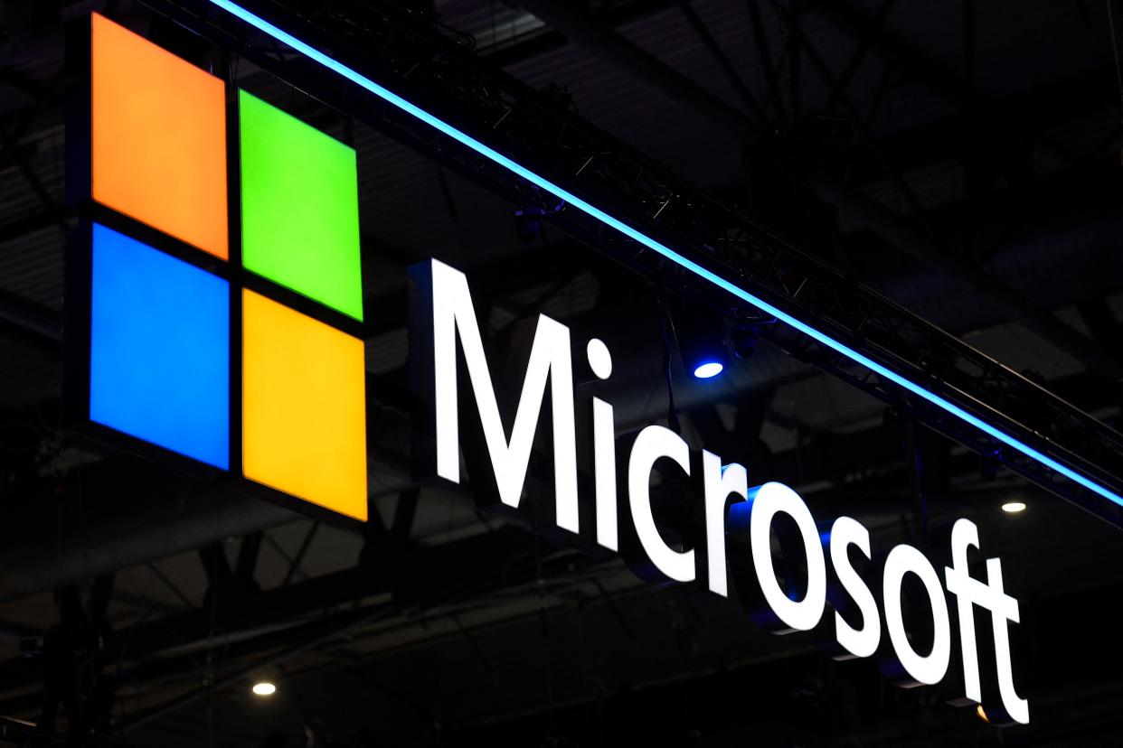 A Microsoft logo is displayed at the MWC (Mobile World Congress) in Barcelona on March 2, 2022. The company is looking to purchase roughly 300 acres near Hebron in Licking County as it prepares to expand its data warehouse footprint in central Ohio.