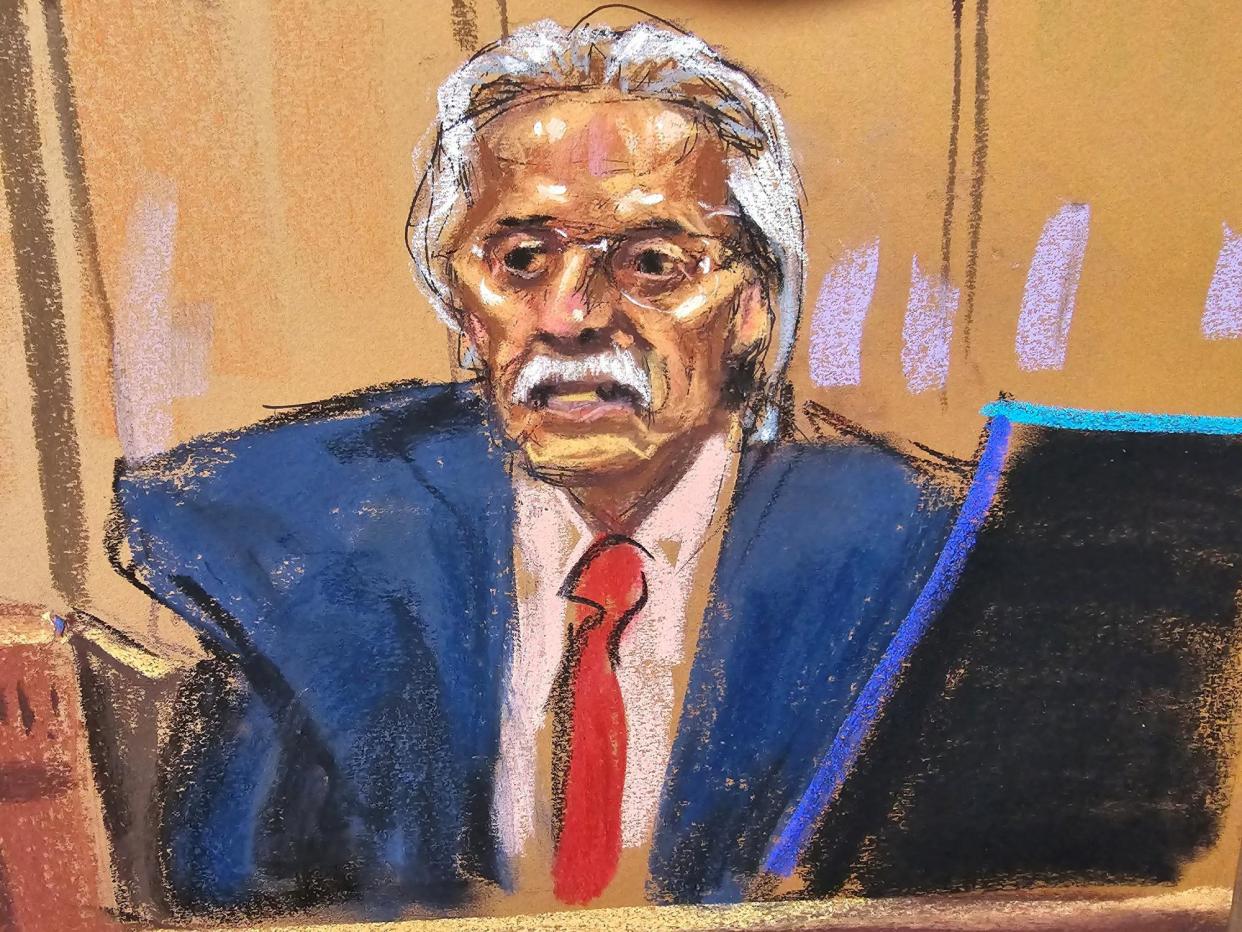 <span>David Pecker testifies in court in New York on Thursday.</span><span>Photograph: Jane Rosenberg/Reuters</span>