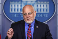 Dr. Robert Redfield, director of the Centers for Disease Control and Prevention, speaks about the coronavirus in the James Brady Press Briefing Room of the White House, Wednesday, April 22, 2020, in Washington. (AP Photo/Alex Brandon)