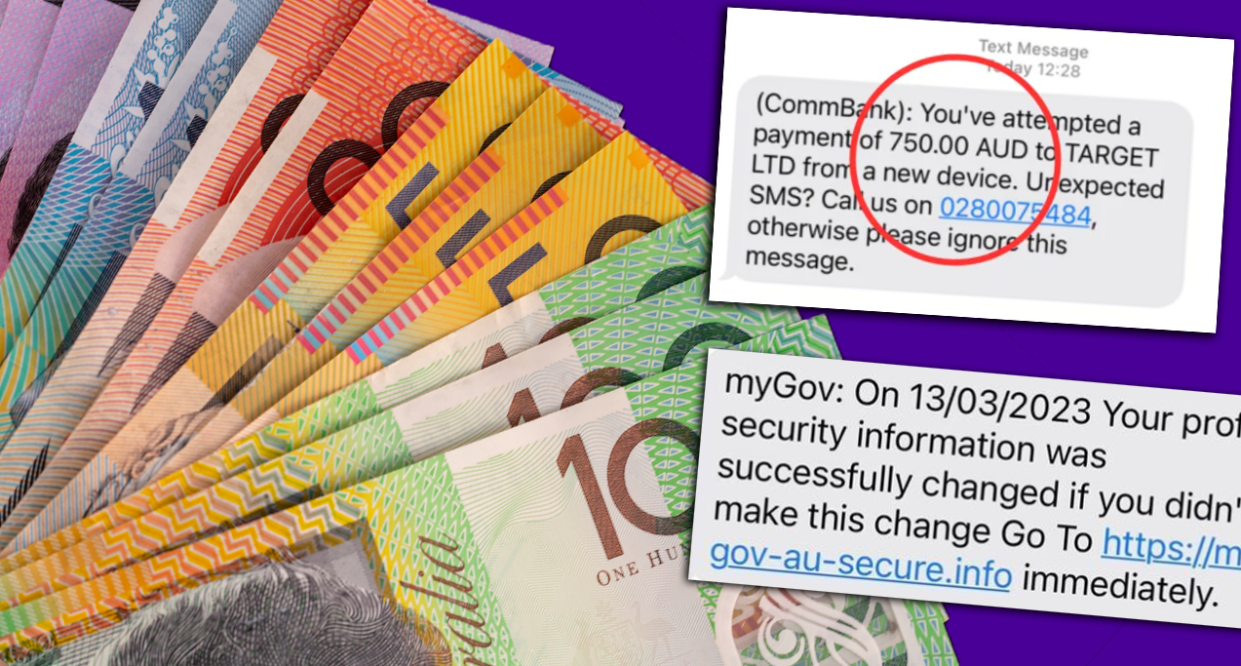 Composite image showing fanned-out Australian banknotes, with 2 example scam text messages inset.