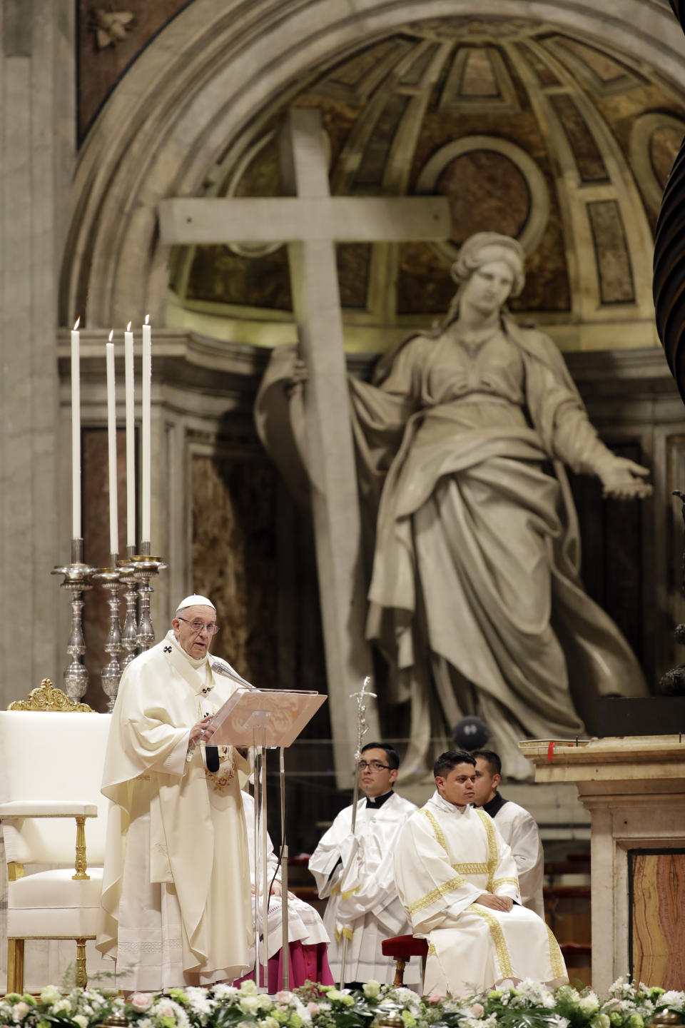 Pope Francis celebrates Mass on the occasion of the feast of Our Lady of Guadalupe, in St. Peter's Basilica at the Vatican, Wednesday, Dec. 12, 2018. (AP Photo/Andrew Medichini)