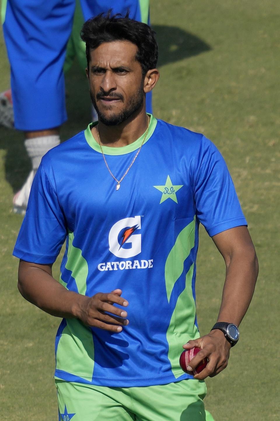 Pakistan's Hasan Ali attends a training session, in Karachi, Pakistan, Saturday, Dec. 24, 2022. (AP Photo/Fareed Khan)