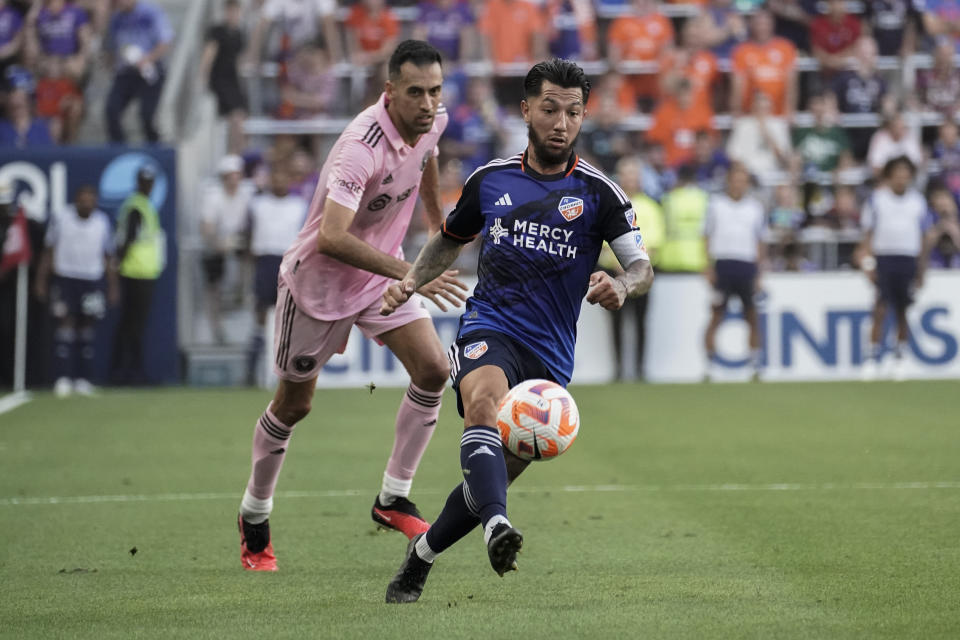 FC Cincinnati midfielder Luciano Acosta controls the ball during the first half of the team's U.S. Open Cup soccer semifinal against Inter Miami, Wednesday, Aug. 23, 2023, in Cincinnati. (AP Photo/Joshua A. Bickel)