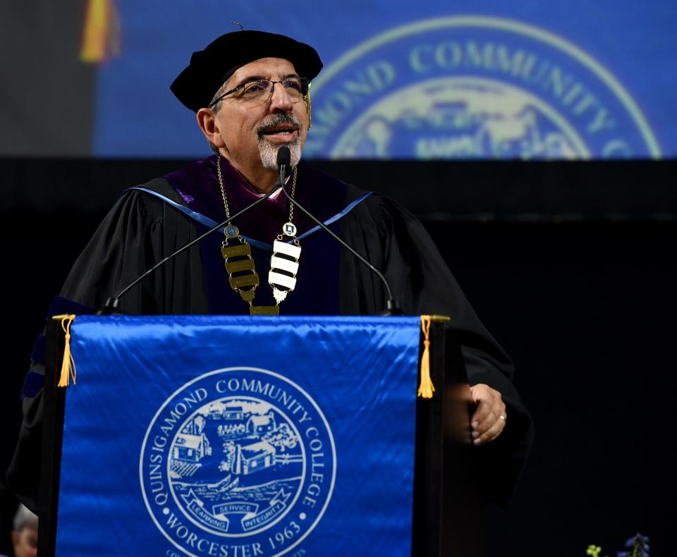 Quinsigamond Community College president Luis Pedraja congratualtes the Class of 2024 during commencement at the DCU Center on Friday.