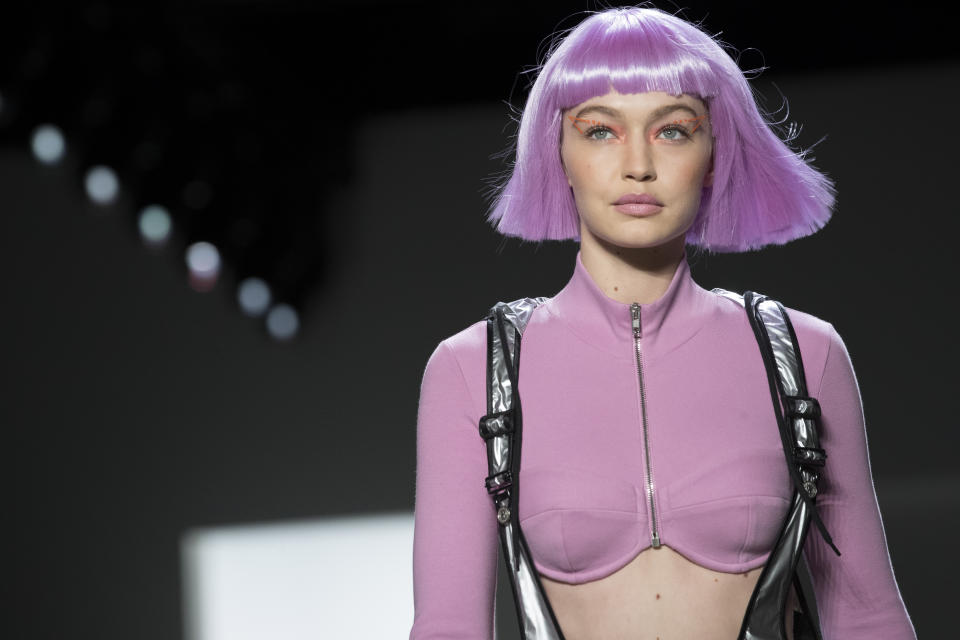 FILE - Gigi Hadid models the Jeremy Scott collection during Fashion Week in New York, Thursday, Feb. 8, 2018. Hadid turns 28 on April 23. (AP Photo/Mary Altaffer, File)