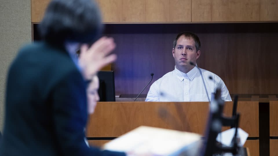 American Matthew Urey is seen in the witness box at the Whakaari or White Island, eruption trial at the Auckland Environment Court, in Auckland, New Zealand, Wednesday, July 12, 2023. - Jason Oxenham/AP