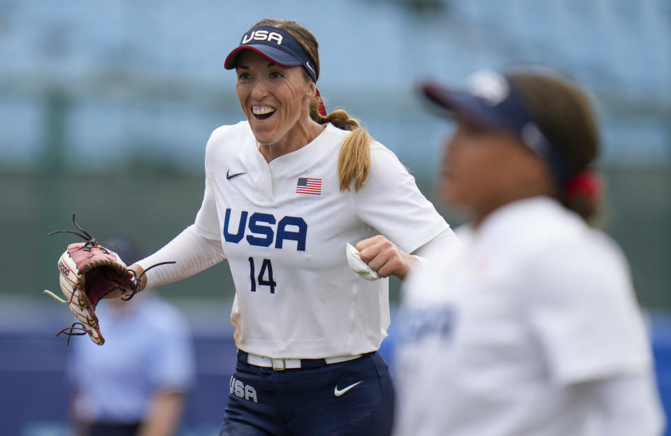 United States' Monica Abbott celebrates after defeating Canada in their softball game at the 2020 Summer Olympics, Thursday, July 22, 2021, in Fukushima, Japan. (AP Photo/Jae C. Hong)