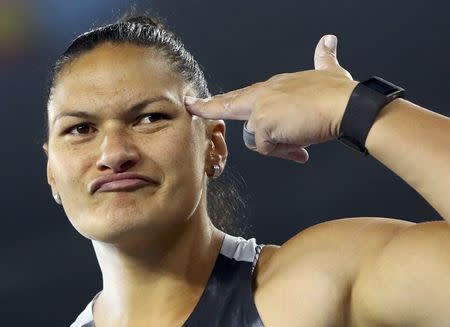 Valerie Adams (NZL) of New Zealand reacts. REUTERS/Kai Pfaffenbach