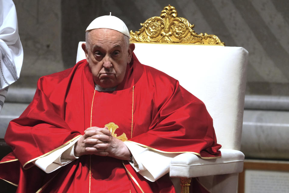 Pope Francis leads the liturgy of the passion on Good Friday in St. Peter's Basilica at The Vatican, Friday, Mar. 29, 2024. (AP Photo/Domenico Stinellis)