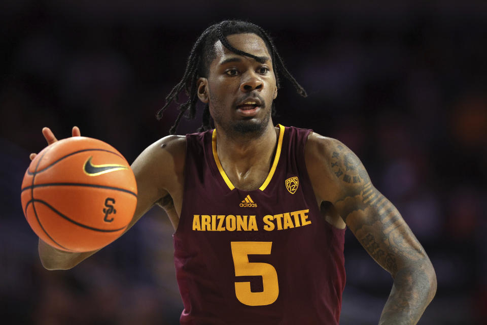 Arizona State guard Jamiya Neal brings the ball up against Southern California during the second half of an NCAA college basketball game Thursday, March 7, 2024, in Los Angeles. Southern California won 81-73. (AP Photo/Raul Romero Jr.)