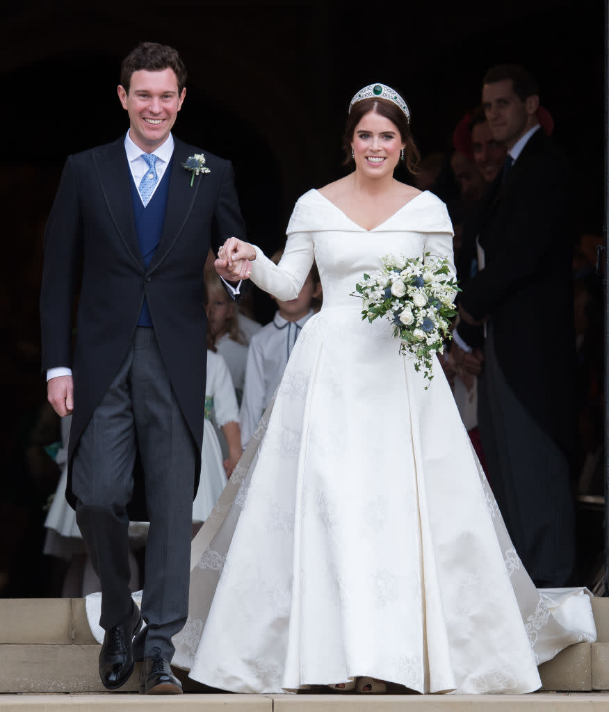 Princess Eugenie and her husband Jack Brooksbank welcomed baby August this year, pictured at their wedding in October 12, 2018 in Windsor, England. (Getty Images)