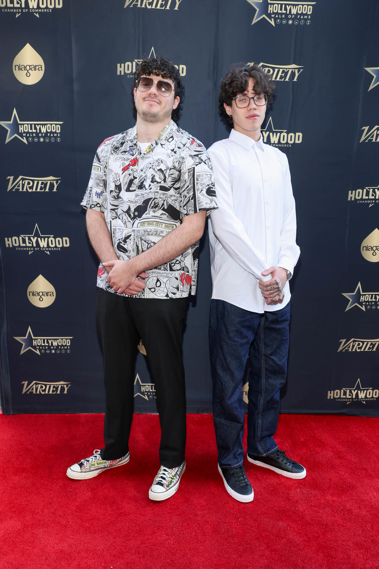 Cristian Marcus Muñiz and Ryan Adrian Muñiz at the star ceremony where Marc Anthony is honored with a star on the Hollywood Walk of Fame in Los Angeles, California on September 6, 2023.  (Stewart Cook / Variety via Getty Images)