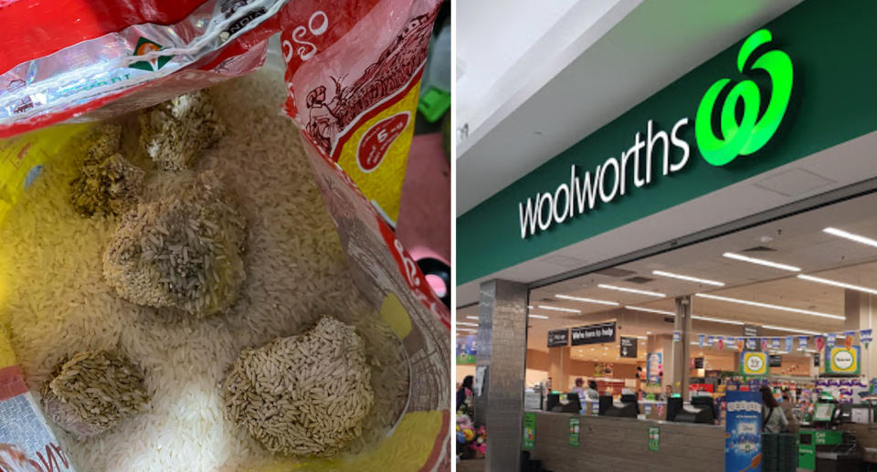 Photo shows clumps of fungus inside a bag of rice from Woolworths.